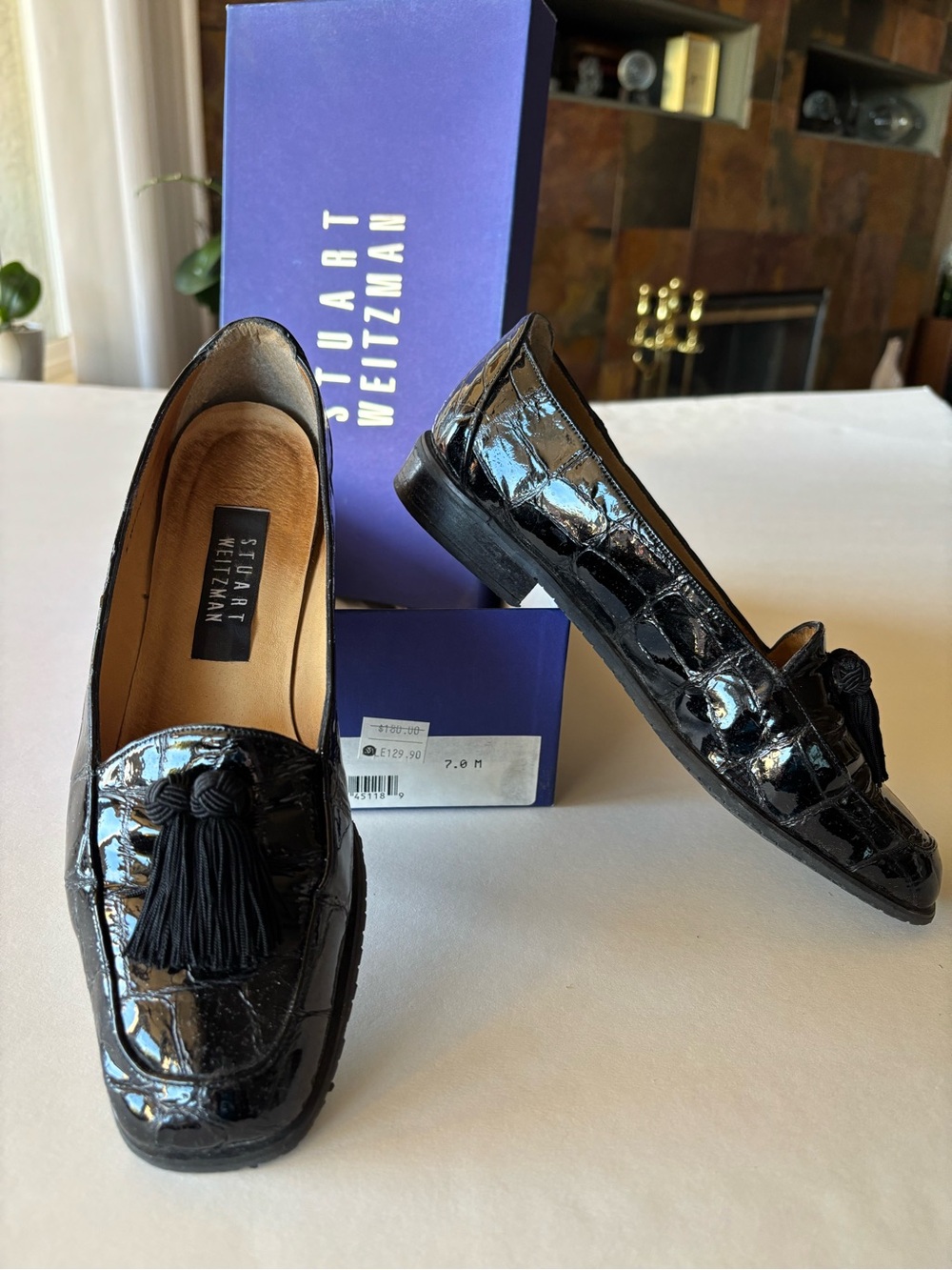 Stuart Weitzman Women’s Black Patent Croc-Embossed Tassel Loafers